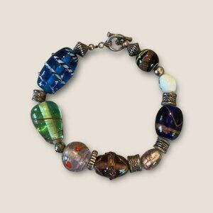 Vintage Artisan Lampwork Glass Bead Bracelet With Toggle Clasp & Multicolor Bead